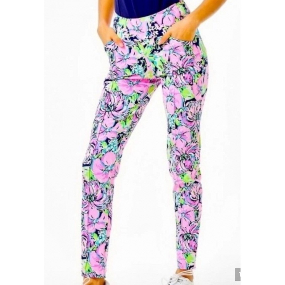 Lilly Pulitzer Luxletic Corso Floral Pull On Pants Pink Green Navy Blue Size 10